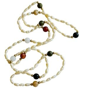 FreshWater Baroque Seed Pearl Necklace VTG Beads onyx quartz Fresh Water 30"L